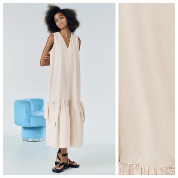Zara Dresses & Skirts - NWT. Zara  Cream Loose-Fitting Sleeveless Midi Dress with Bow. Size XS.